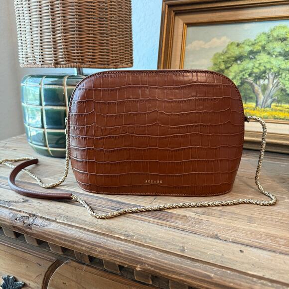 Women's Sezane Victor Brown Croc Print Leather Bag with Brass Leather Strap NEW - Picture 2 of 12